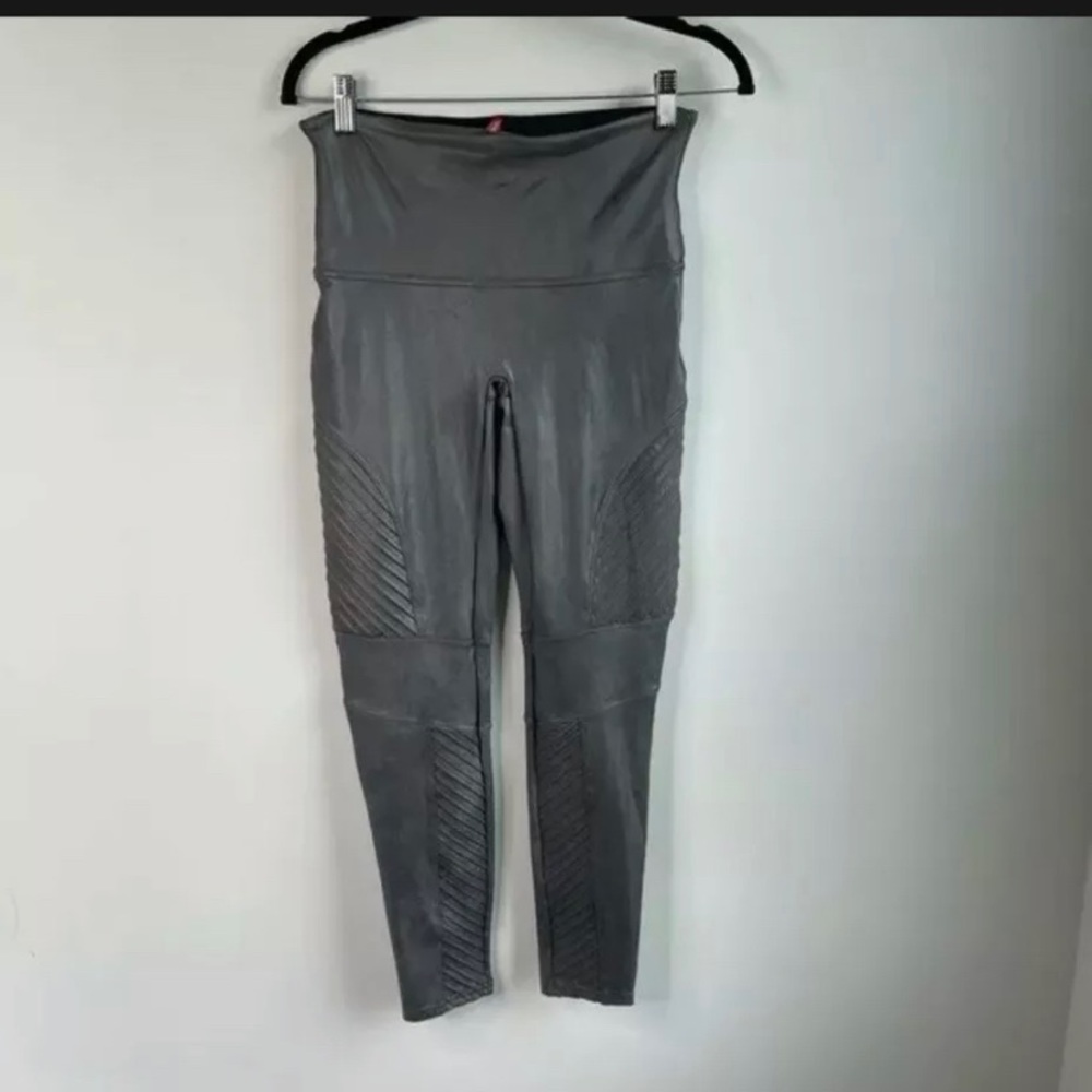 Spanx Faux leather gray gunmetal moto ribbed leggings size XL